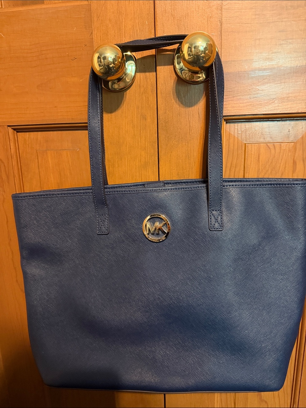 Michael Kors Navy Saffiano Tote with Gold MK Emblem